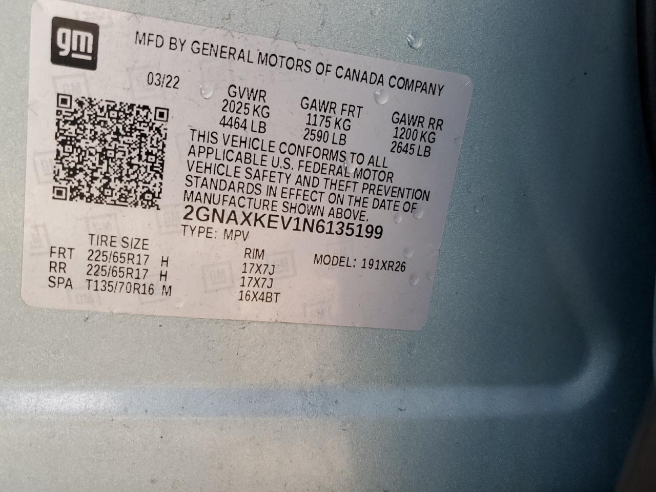 2022 CHEVROLET EQUINOX LT VIN:2GNAXKEV1N6135199