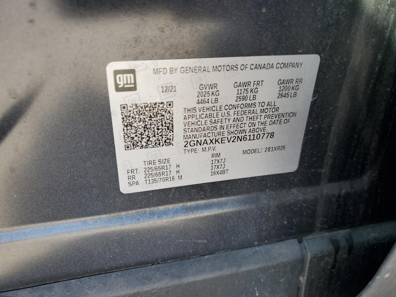 2022 CHEVROLET EQUINOX LT VIN:2GNAXKEV2N6110778