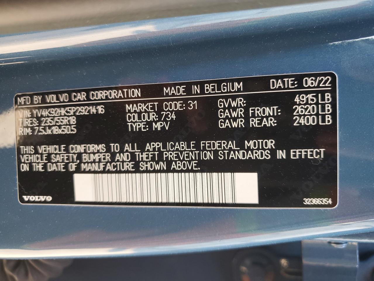 2023 VOLVO XC40 CORE VIN:YV4K92HK5P2921416