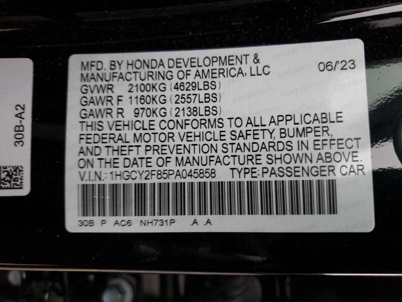 2023 HONDA ACCORD TOURING HYBRID VIN:1HGCY2F85PA045858