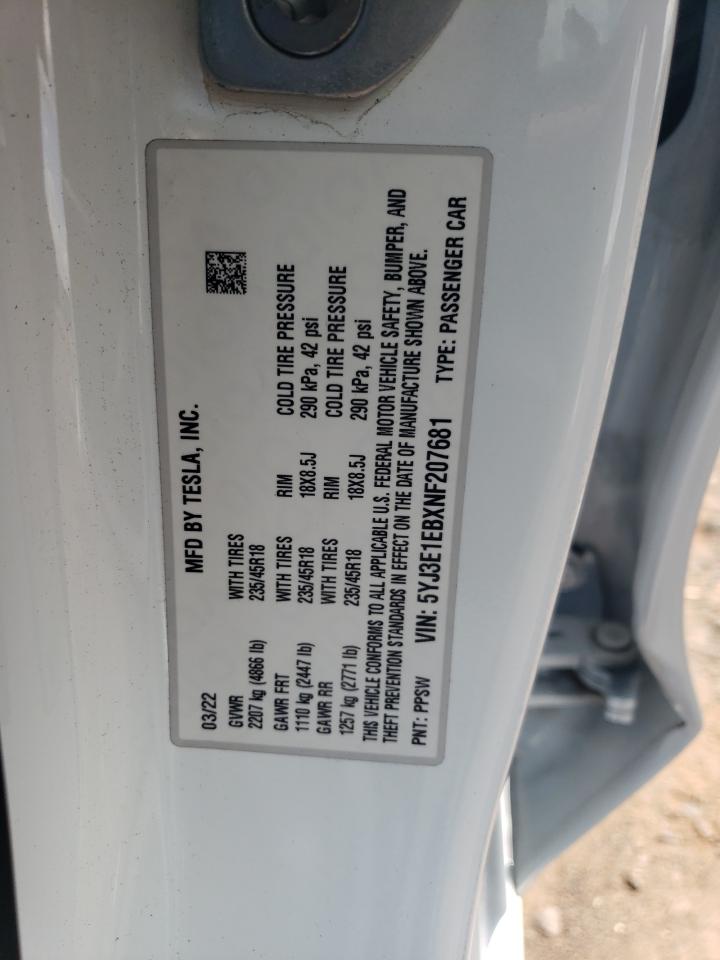 2022 TESLA MODEL 3 VIN:5YJ3E1EBXNF207681