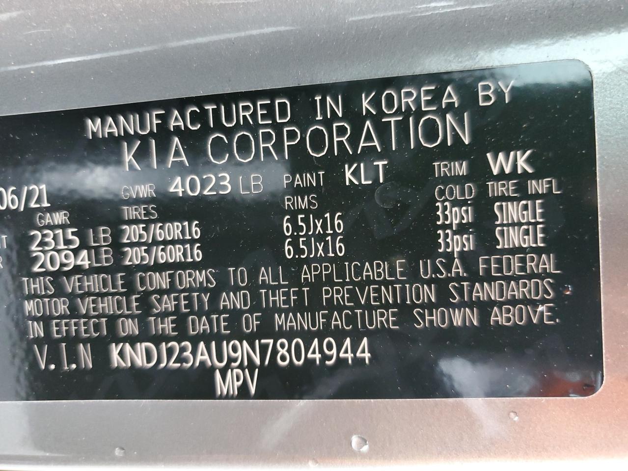 2022 KIA SOUL LX VIN:KNDJ23AU9N7804944