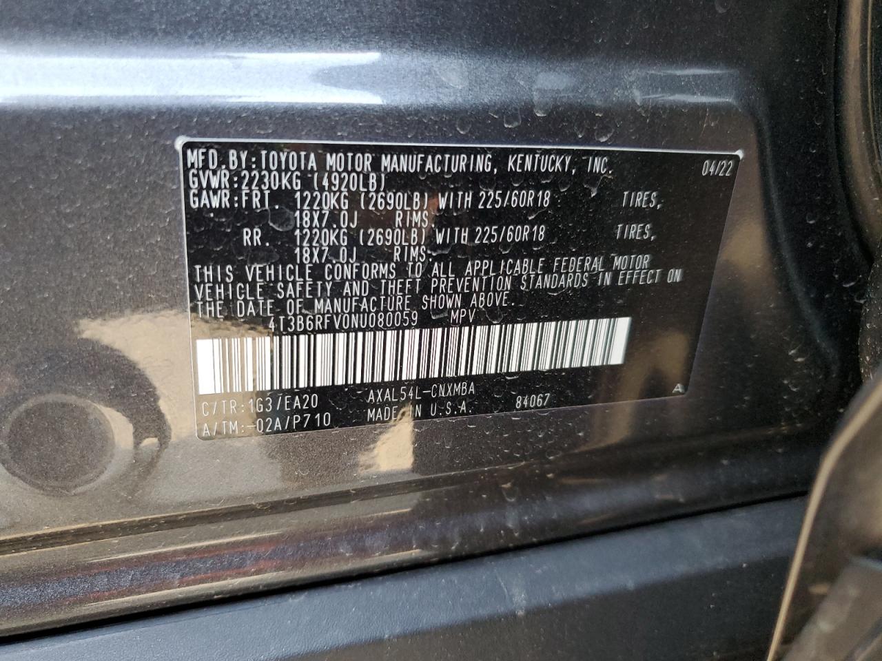 2022 TOYOTA RAV4 XLE PREMIUM VIN:4T3B6RFV0NU080059