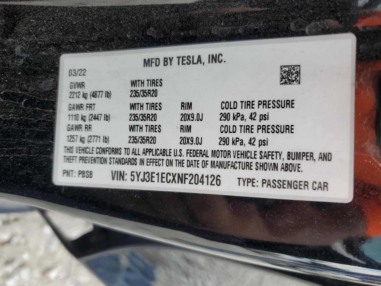 2022 TESLA MODEL 3 VIN:5YJ3E1ECXNF204126