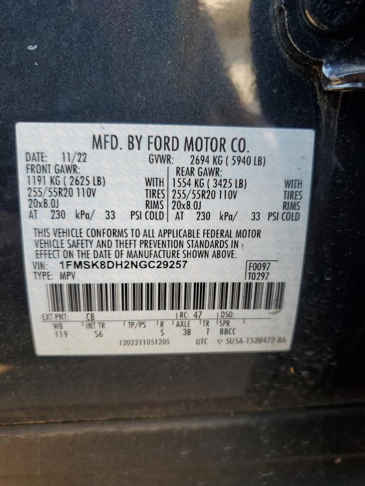 2022 FORD EXPLORER XLT VIN:1FMSK8DH2NGC29257
