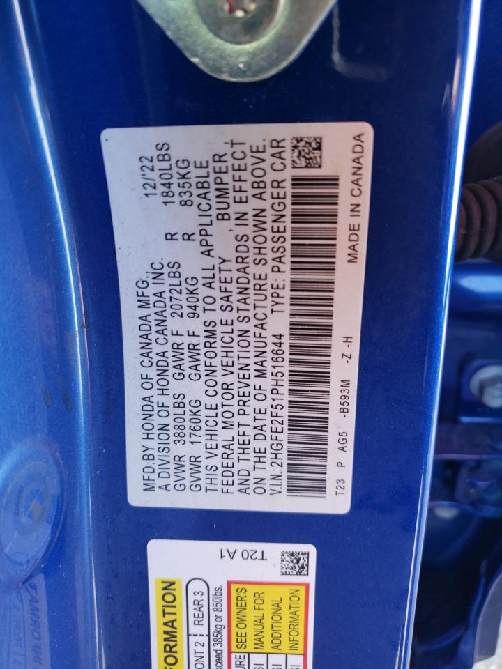 2023 HONDA CIVIC SPORT VIN:2HGFE2F51PH516644
