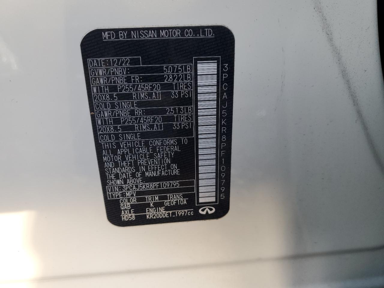 2023 INFINITI QX55 ESSENTIAL VIN:3PCAJ5KR8PF109795