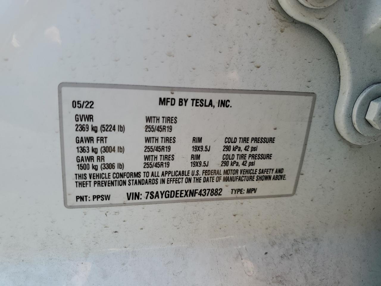 2022 TESLA MODEL Y VIN:7SAYGDEEXNF437882