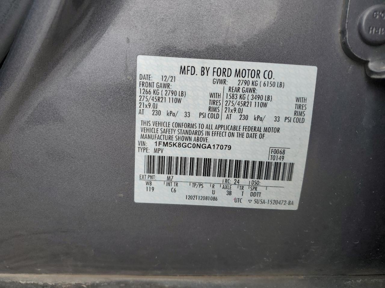 2022 FORD EXPLORER ST VIN:1FM5K8GC0NGA17079