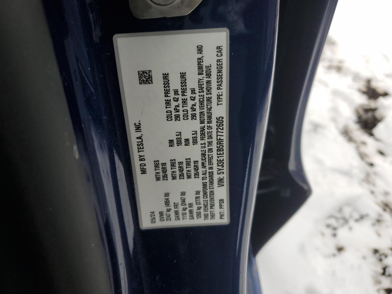 2024 TESLA MODEL 3 VIN:5YJ3E1EB5RF772605