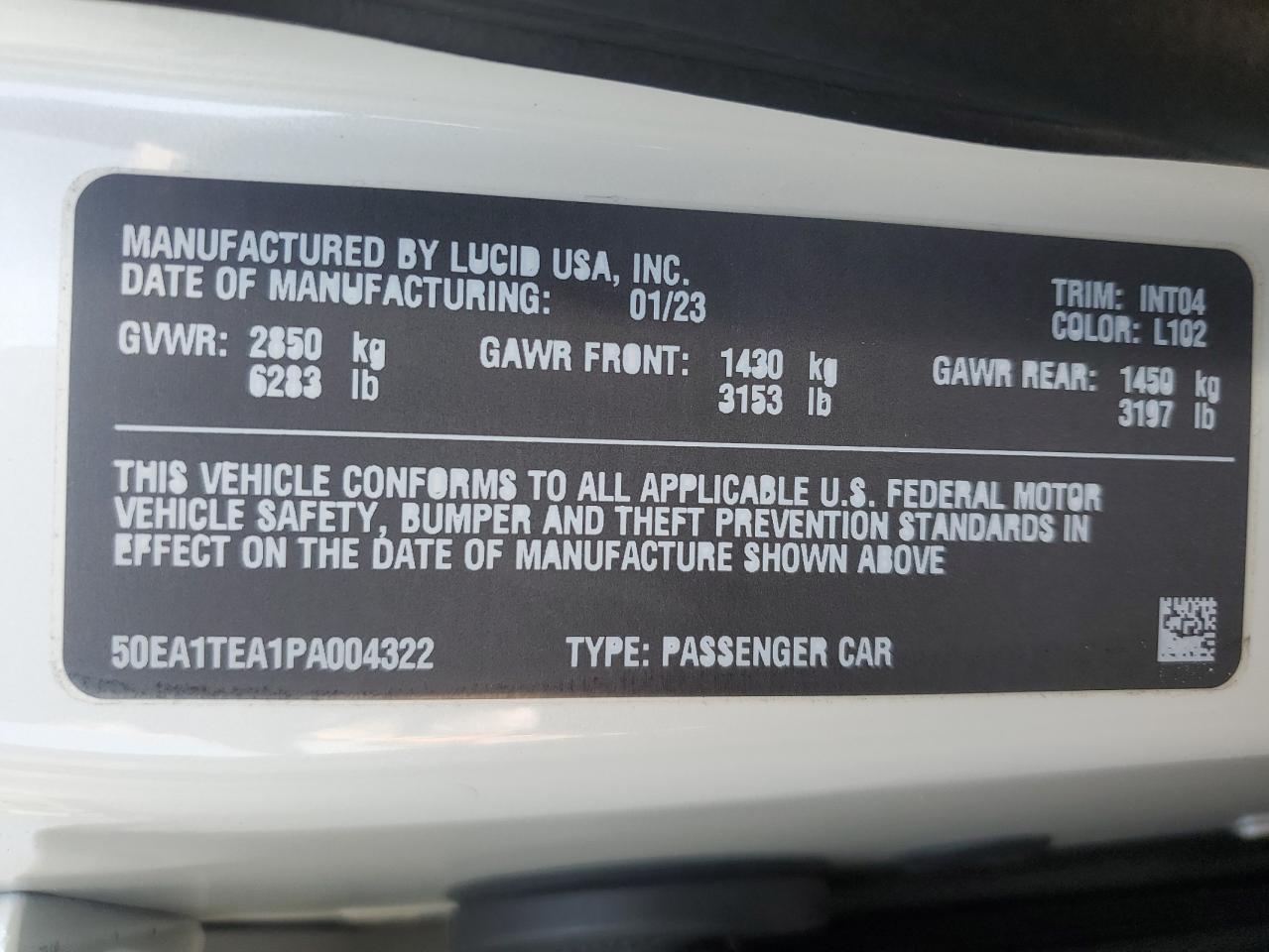 2023 LUCID MOTORS AIR TOURING VIN:50EA1TEA1PA004322