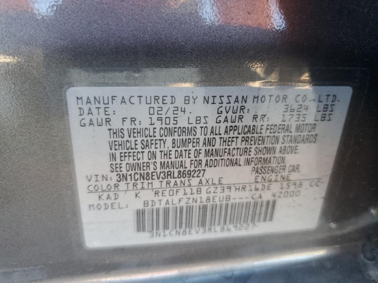 2024 NISSAN VERSA SV VIN:3N1CN8EV3RL869227