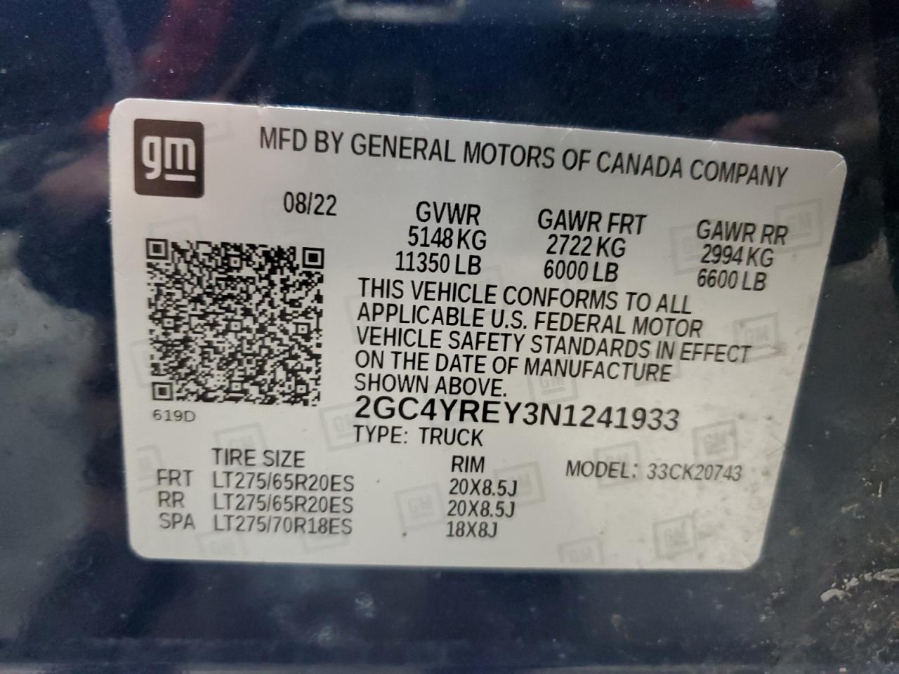 2022 CHEVROLET SILVERADO K2500 HIGH COUNTRY VIN:2GC4YREY3N1241933