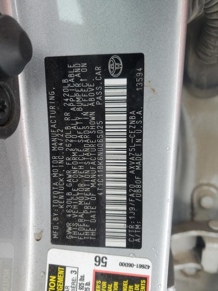2022 TOYOTA CAMRY LE VIN:4T1C11BK6NU065025