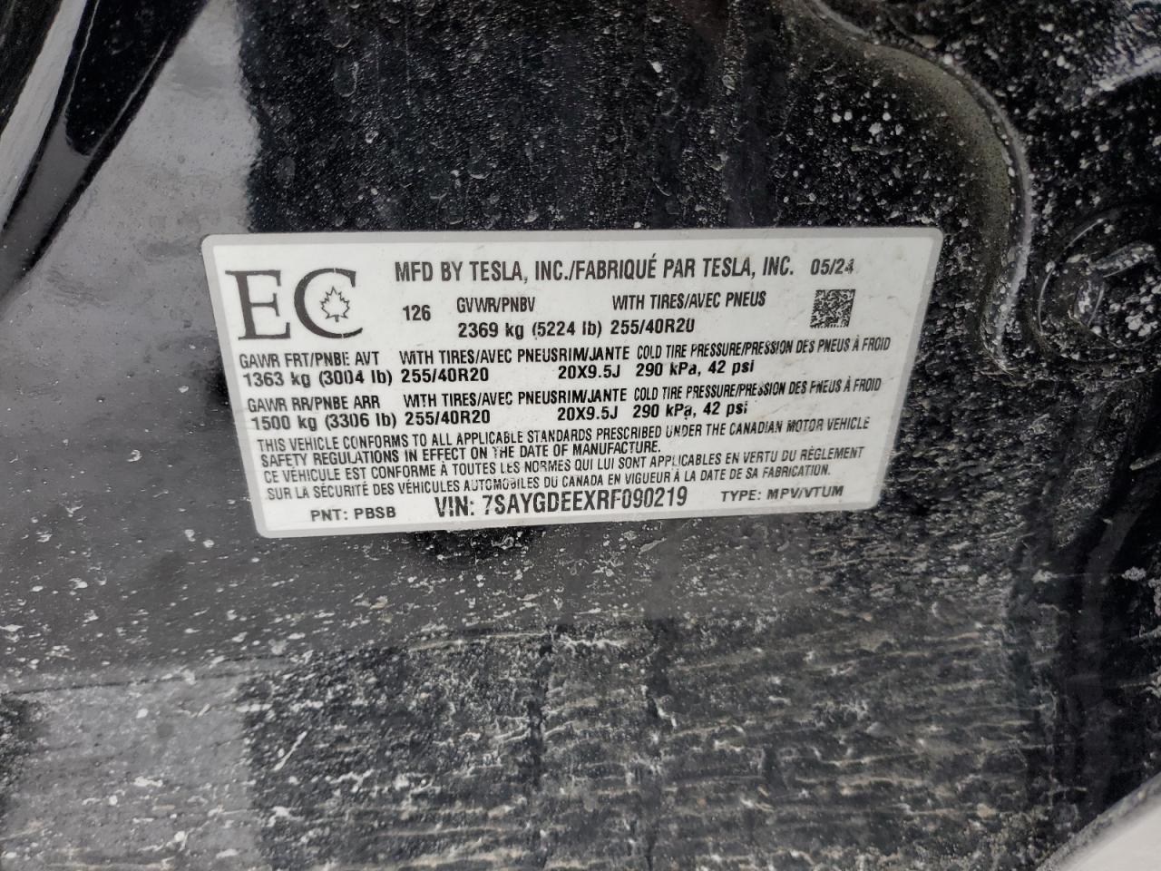 2024 TESLA MODEL Y VIN:7SAYGDEEXRF090219