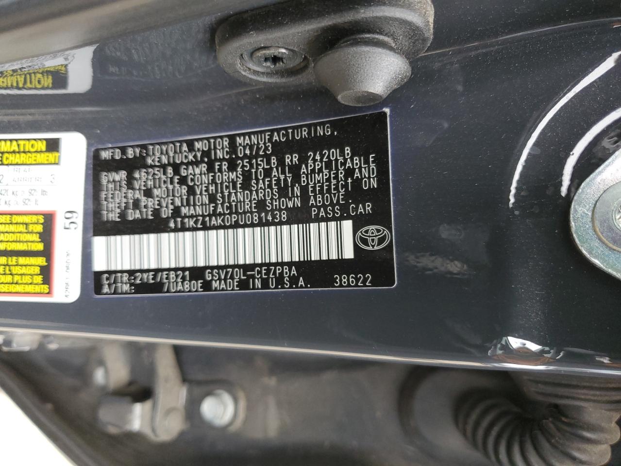 2023 TOYOTA CAMRY TRD VIN:4T1KZ1AK0PU081438