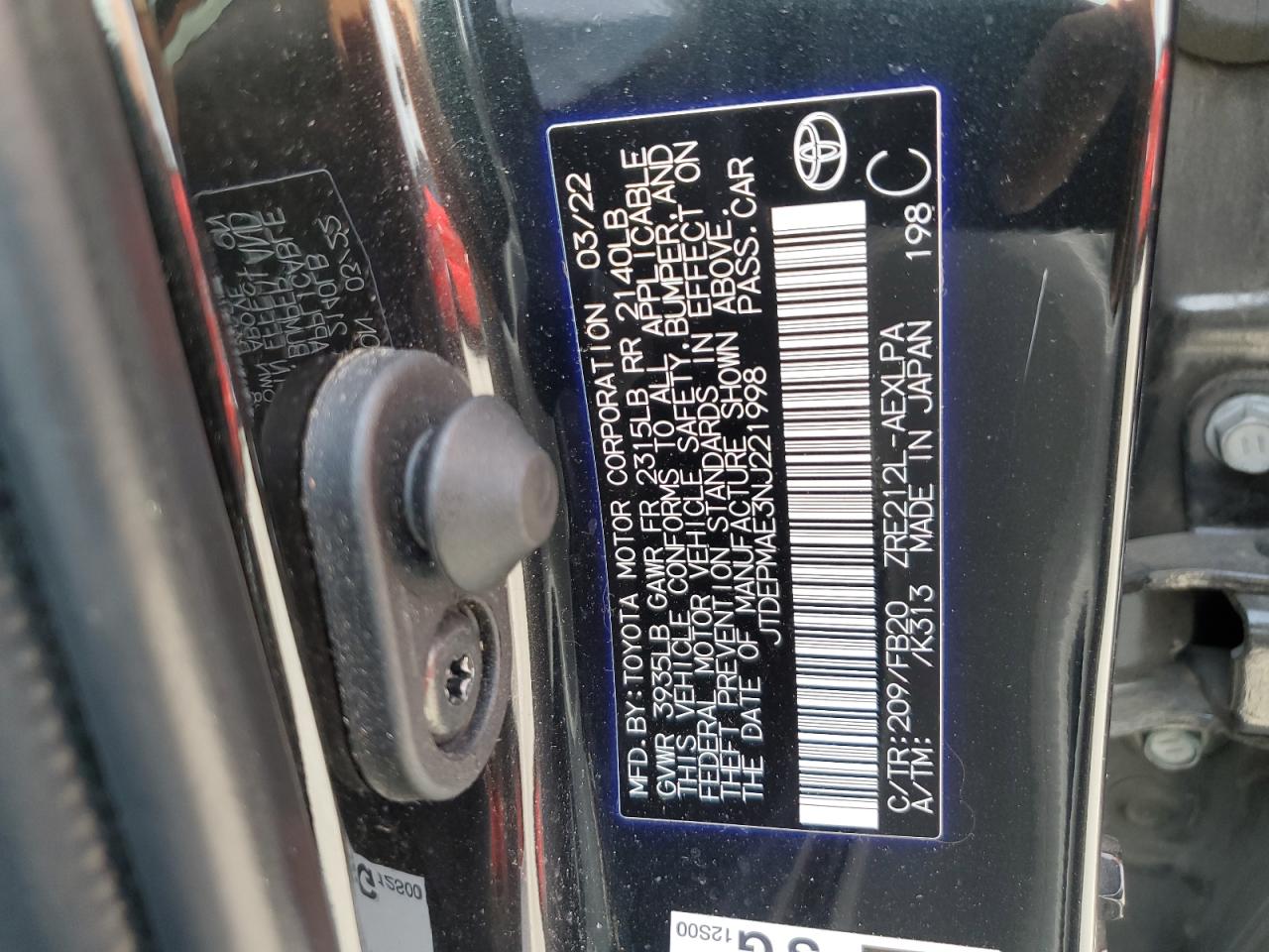 2022 TOYOTA COROLLA LE VIN:JTDEPMAE3NJ221998