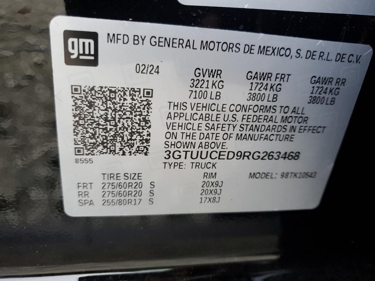2024 GMC SIERRA K1500 ELEVATION VIN:3GTUUCED9RG263468
