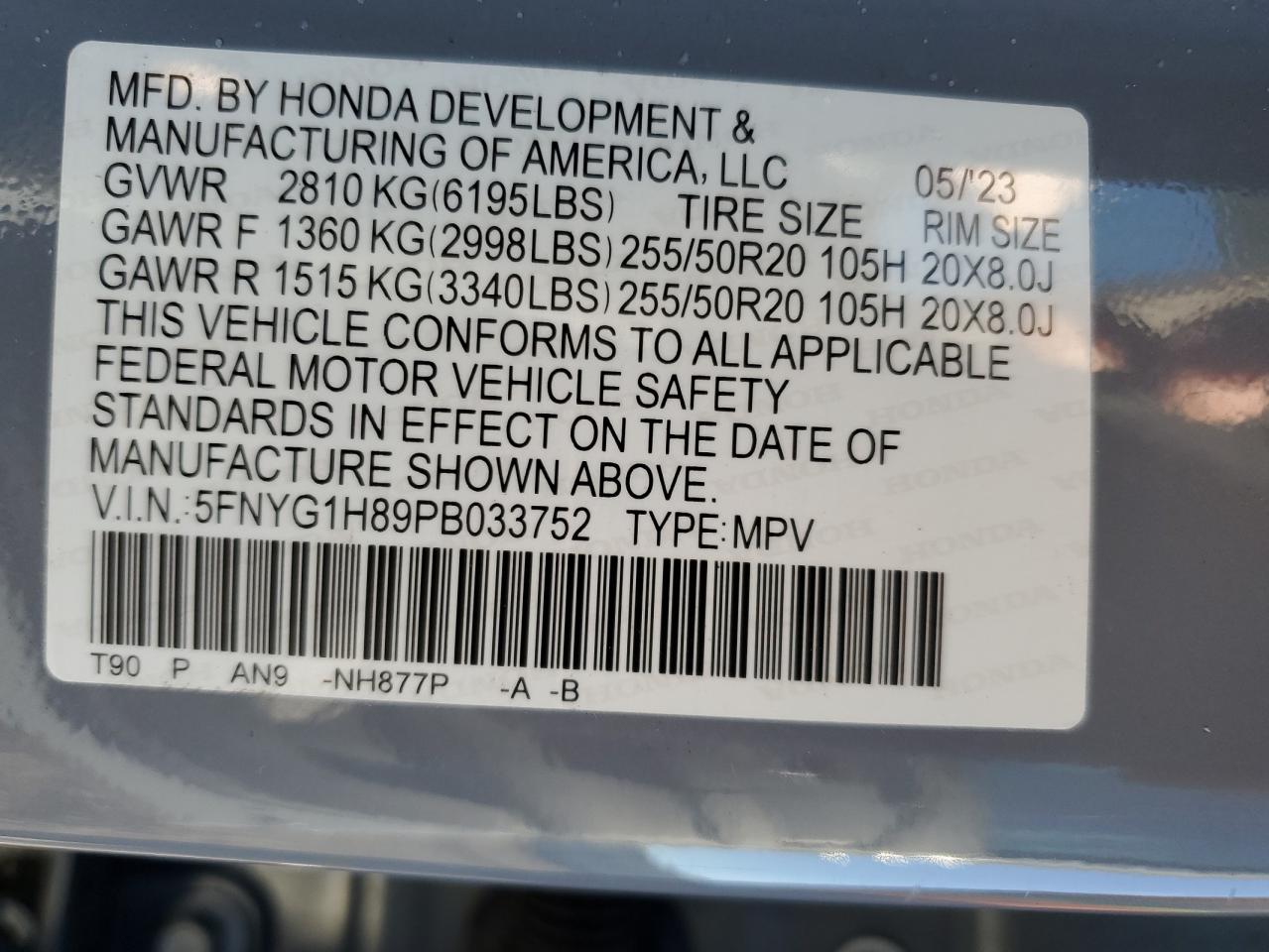 2023 HONDA PILOT ELITE VIN:5FNYG1H89PB033752