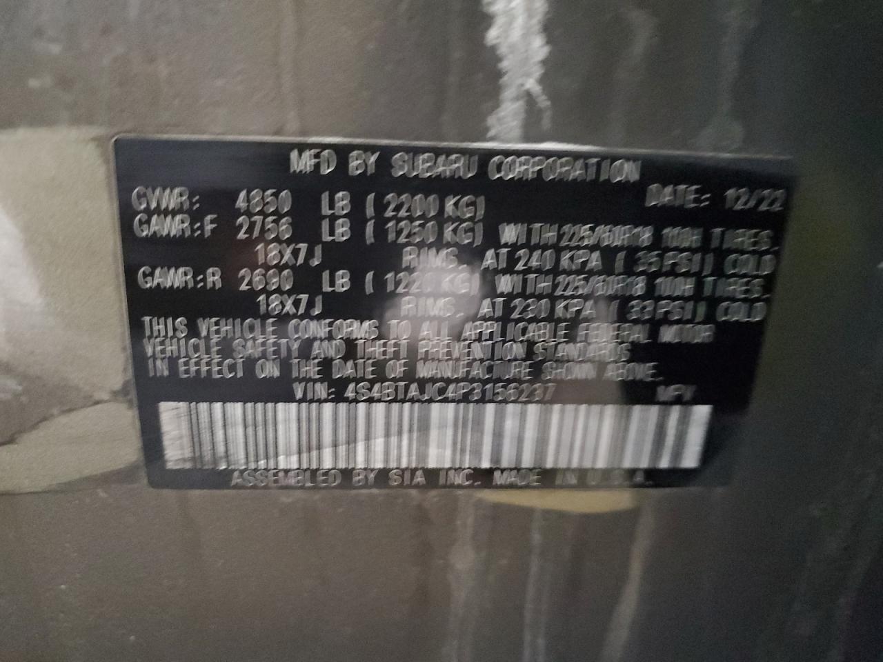 2023 SUBARU OUTBACK ONYX EDITION VIN:4S4BTAJC4P3156237