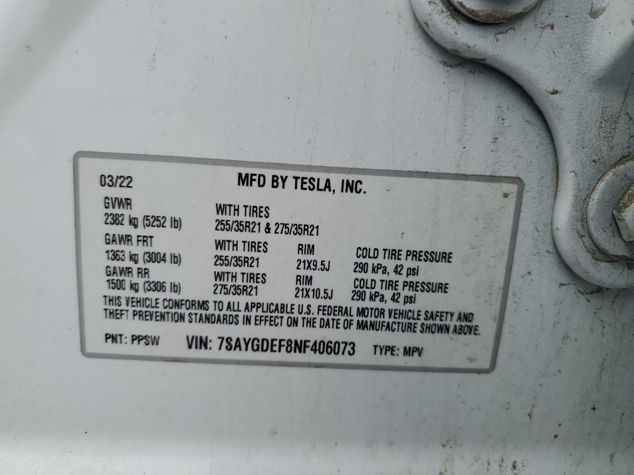2022 TESLA MODEL Y VIN:7SAYGDEF8NF406073