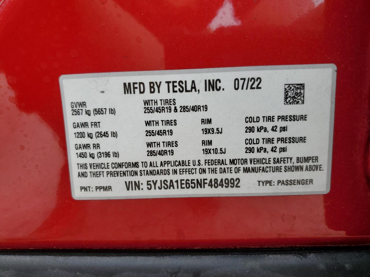 2022 TESLA MODEL S VIN:5YJSA1E65NF484992