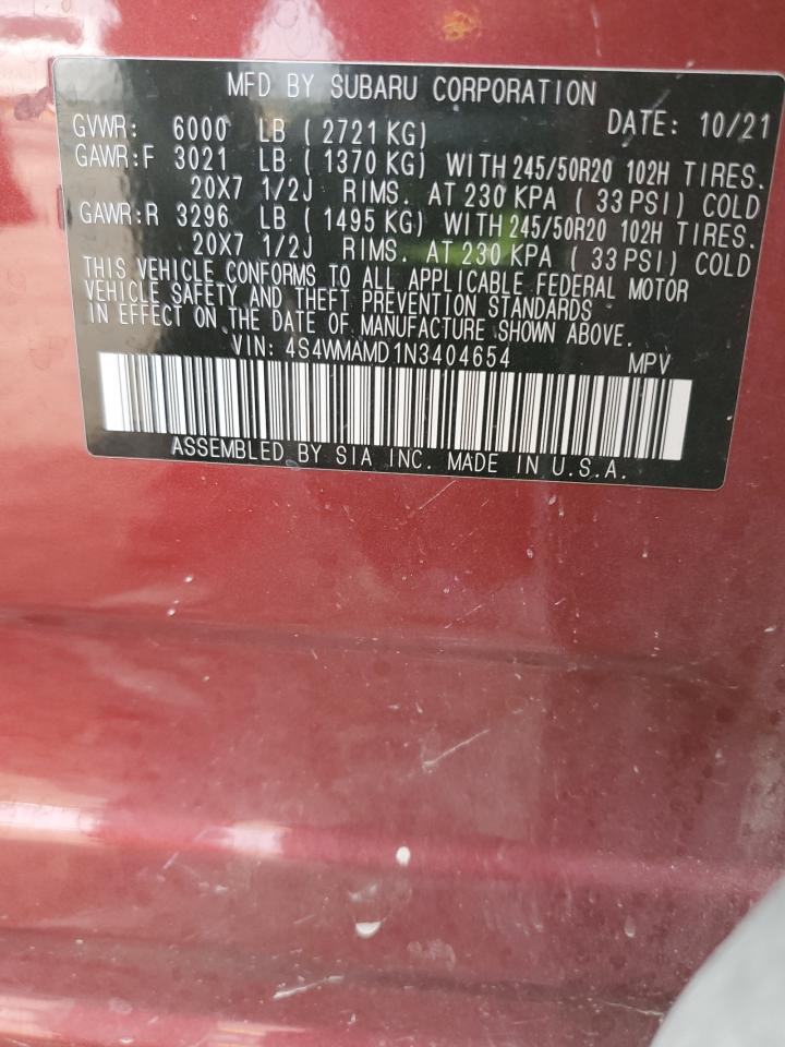 2022 SUBARU ASCENT LIMITED VIN:4S4WMAMD1N3404654