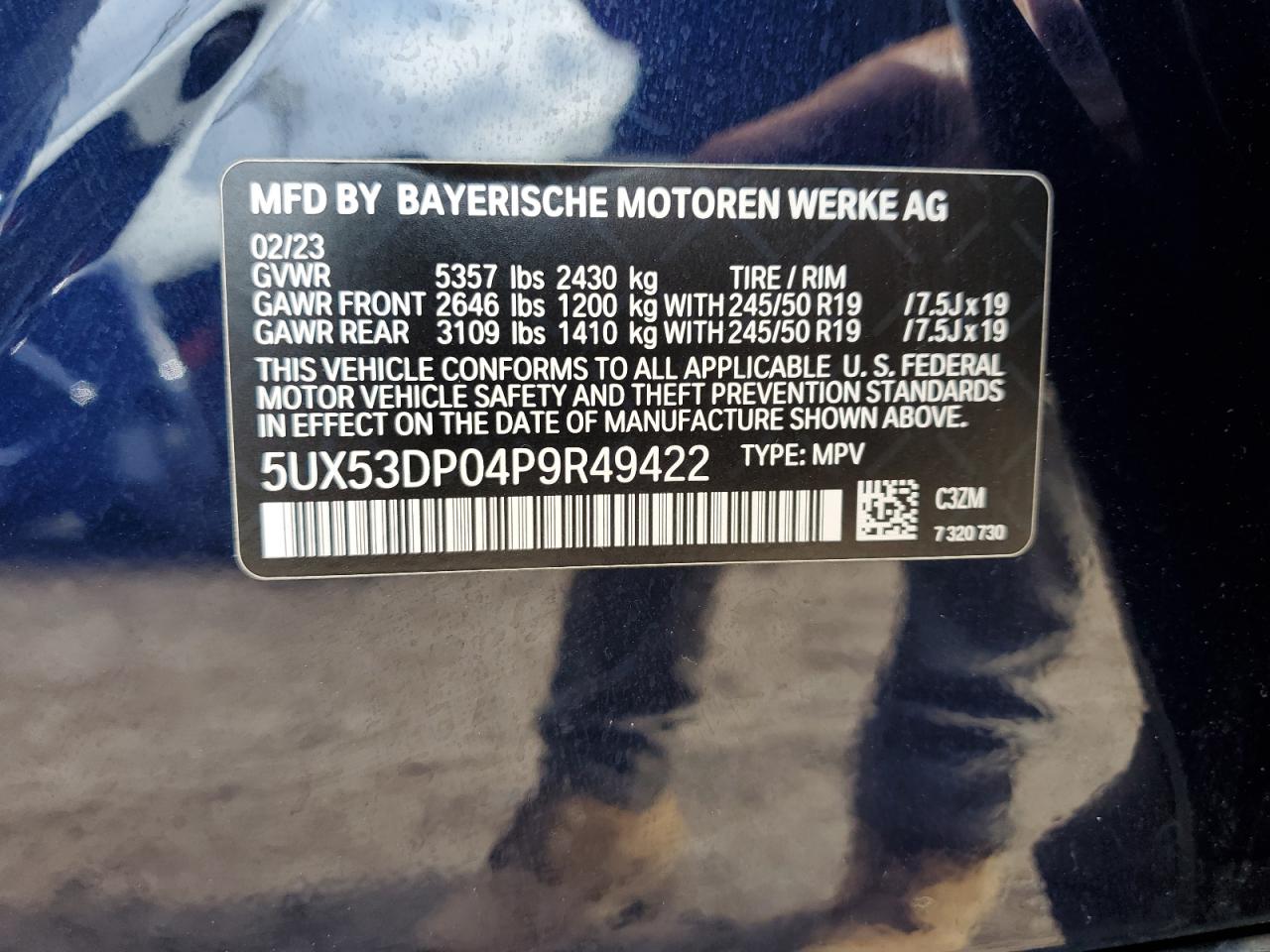 2023 BMW X3 XDRIVE30I VIN:5UX53DP04P9R49422