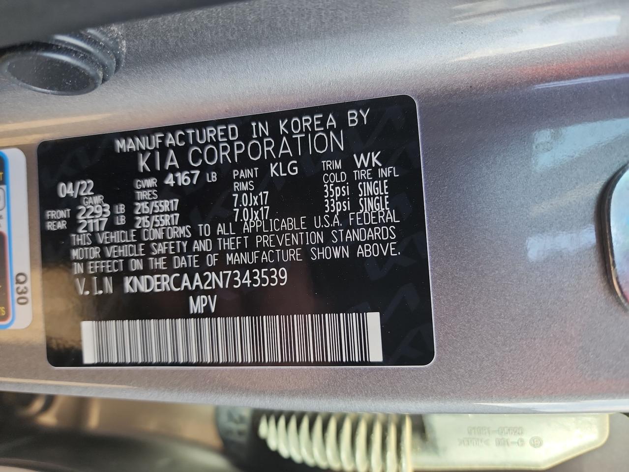 2022 KIA SELTOS EX VIN:KNDERCAA2N7343539