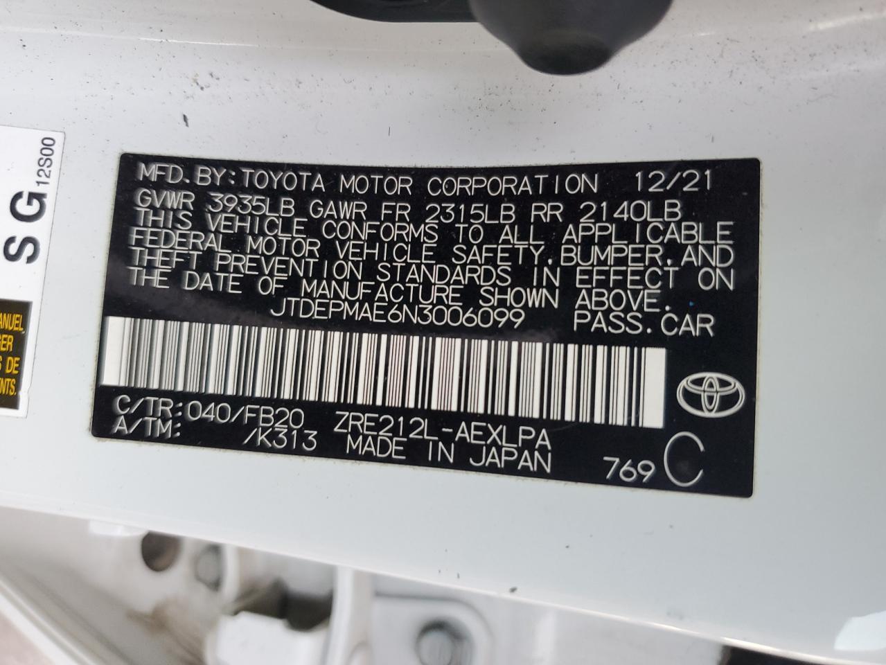 2022 TOYOTA COROLLA LE VIN:JTDEPMAE6N3006099