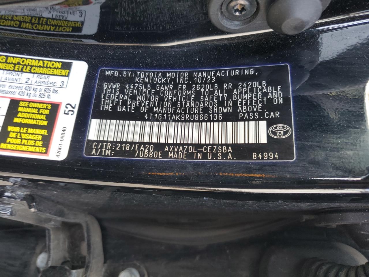 2024 TOYOTA CAMRY SE NIGHT SHADE VIN:4T1G11AK9RU866136