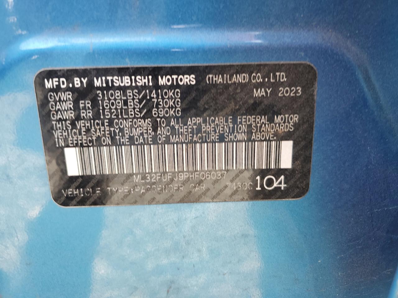 2023 MITSUBISHI MIRAGE G4 ES VIN:ML32FUFJ9PHF06037