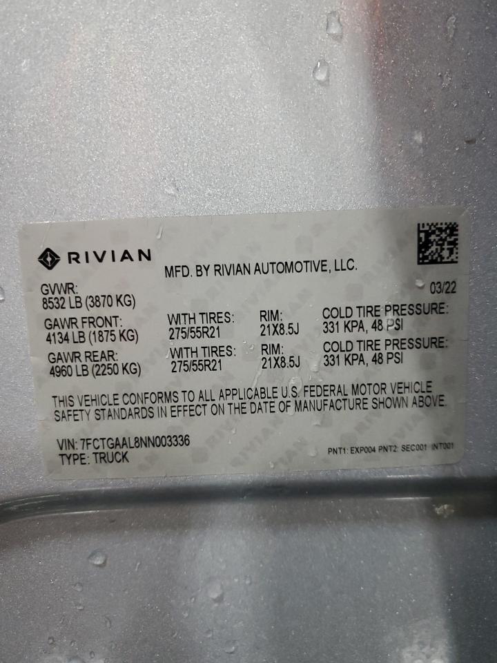 2022 RIVIAN R1T LAUNCH EDITION VIN:7FCTGAAL8NN003336