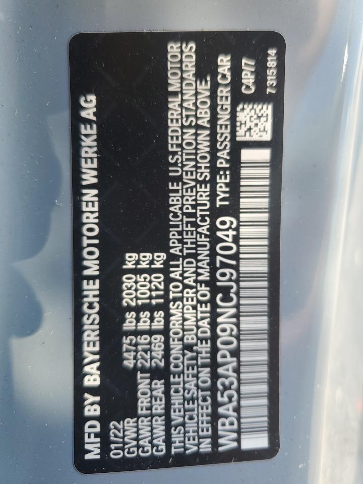 2022 BMW 430I VIN:WBA53AP09NCJ97049