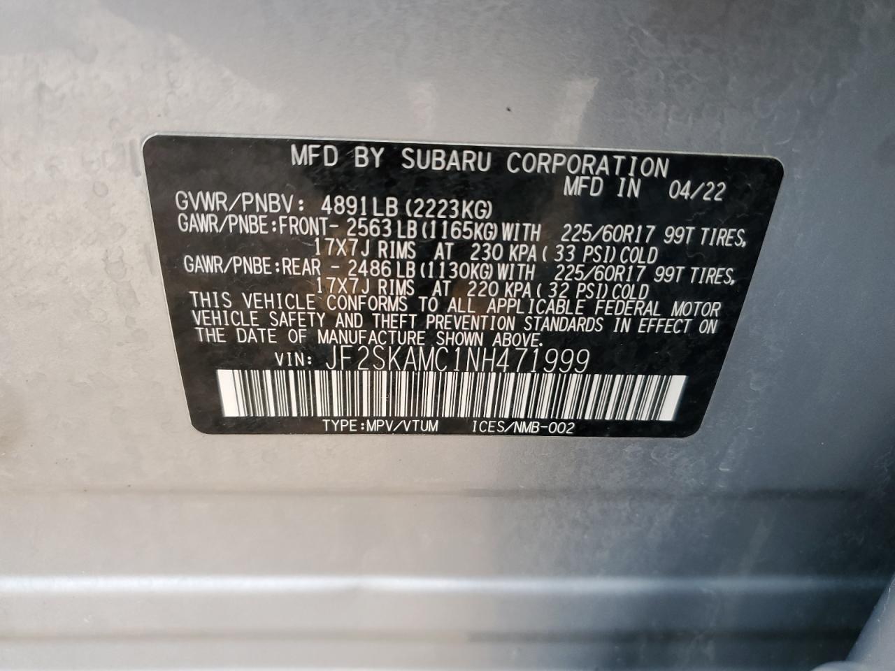 2022 SUBARU FORESTER WILDERNESS VIN:JF2SKAMC1NH471999