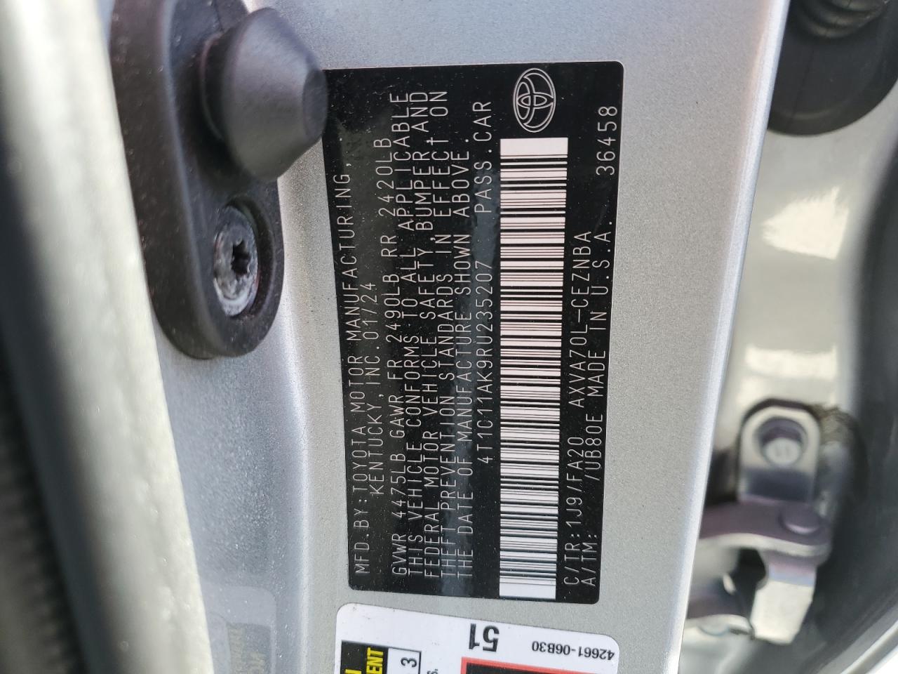 2024 TOYOTA CAMRY LE VIN:4T1C11AK9RU235207