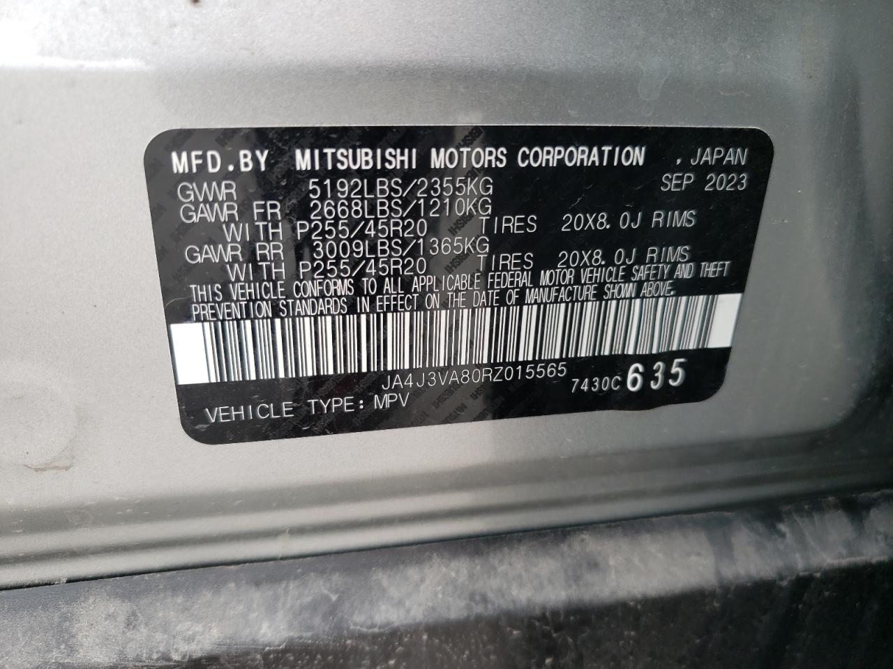 2024 MITSUBISHI OUTLANDER SE VIN:JA4J3VA80RZ015565