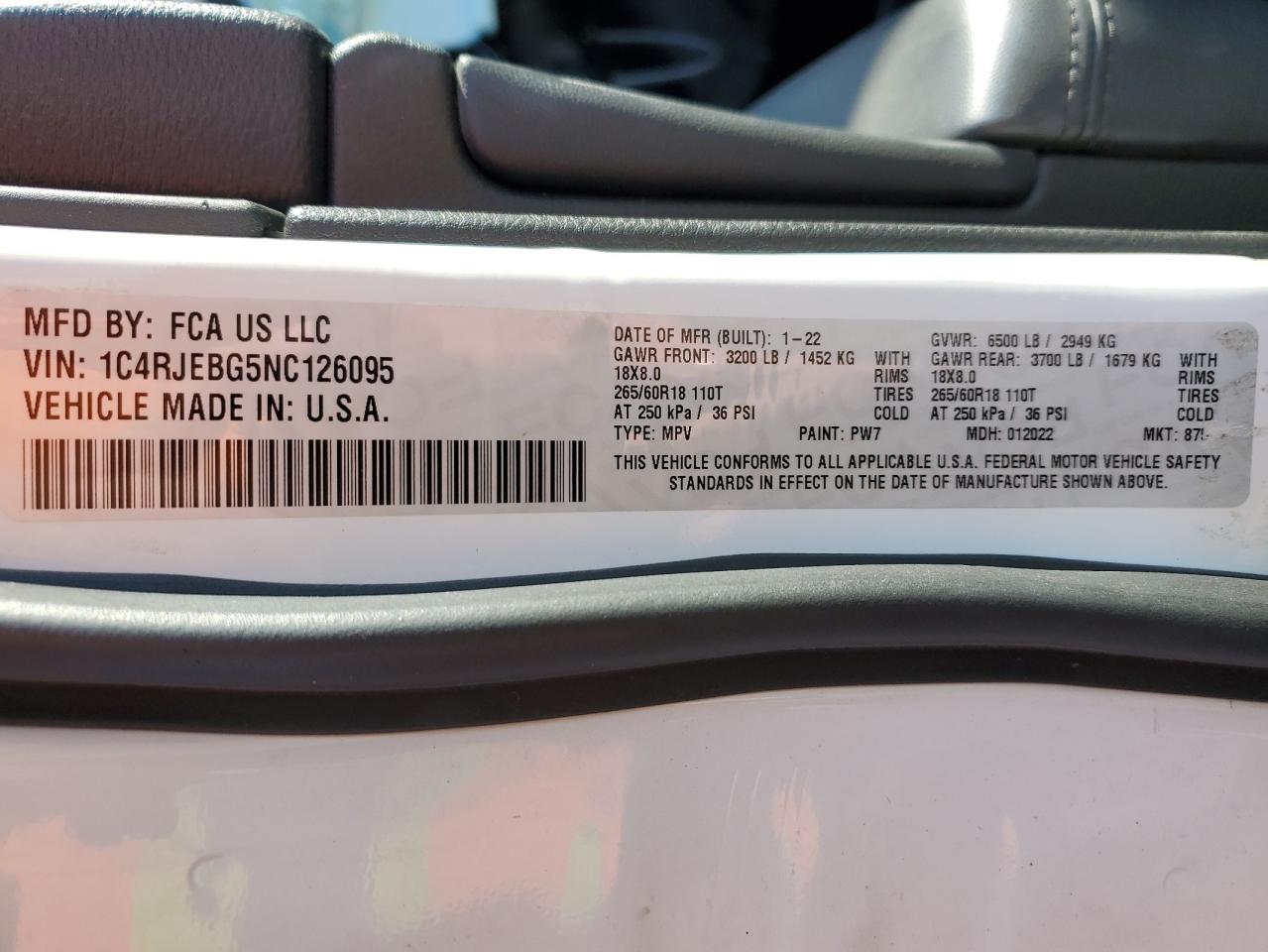 2022 JEEP GRAND CHEROKEE LIMITED VIN:1C4RJEBG5NC126095