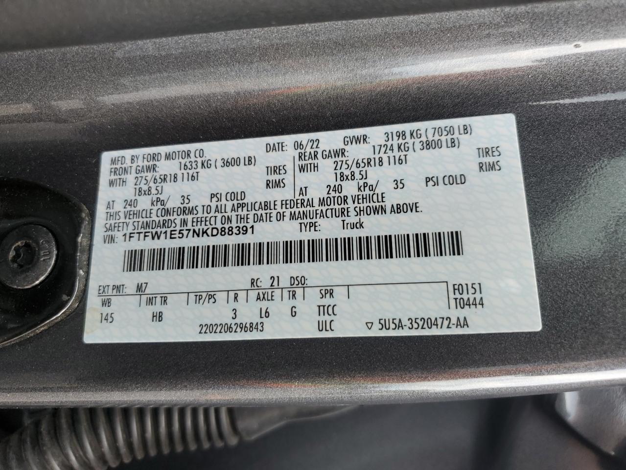 2022 FORD F150 SUPERCREW VIN:1FTFW1E57NKD88391