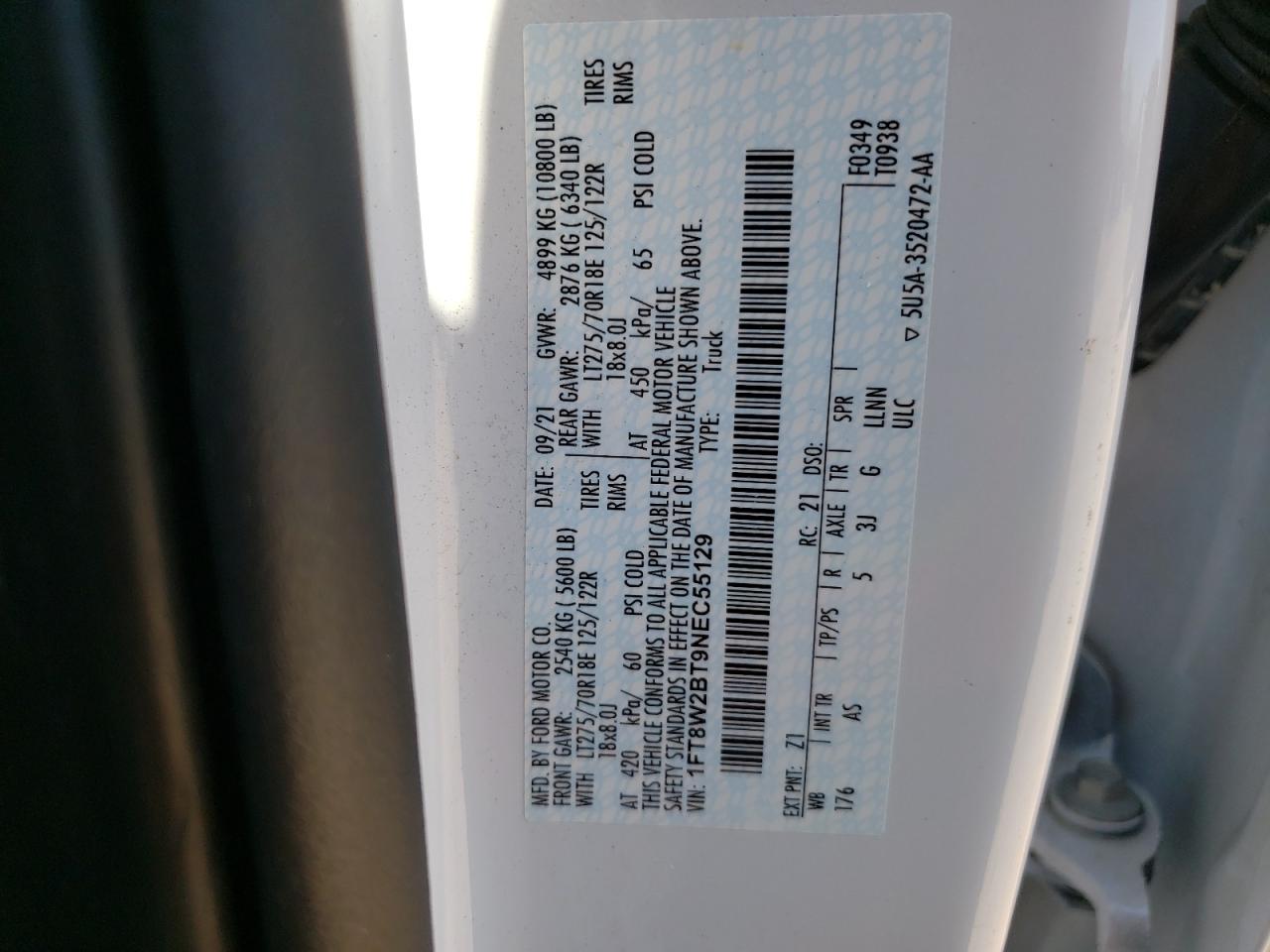 2022 FORD F250 SUPER DUTY VIN:1FT8W2BT9NEC55129