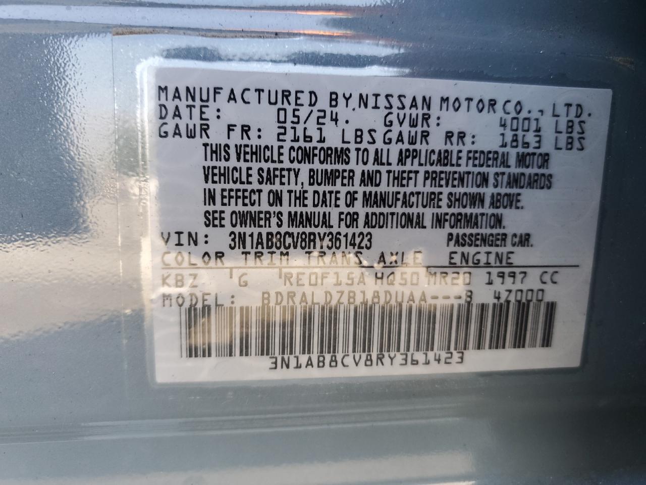 2024 NISSAN SENTRA SV VIN:3N1AB8CV8RY361423