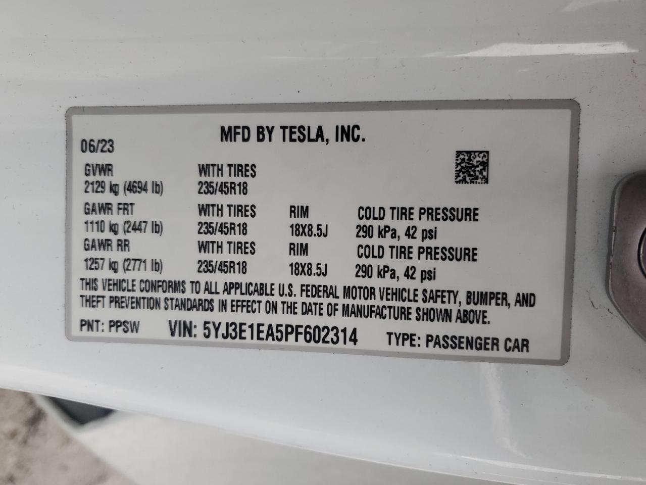 2023 TESLA MODEL 3 VIN:5YJ3E1EA5PF602314