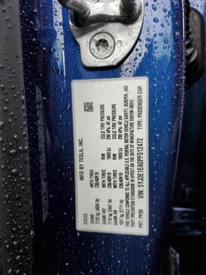 2023 TESLA MODEL 3 VIN:5YJ3E1EA0PF512472