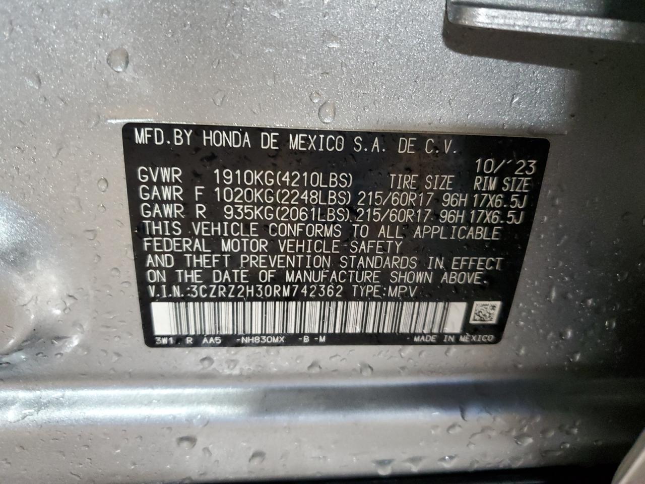 2024 HONDA HR-V LX VIN:3CZRZ2H30RM742362