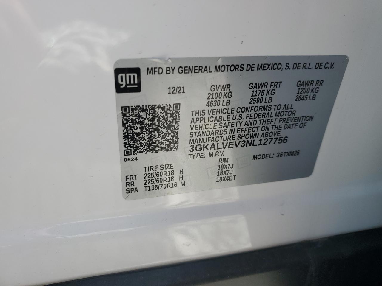 2022 GMC TERRAIN SLT VIN:3GKALVEV3NL127756