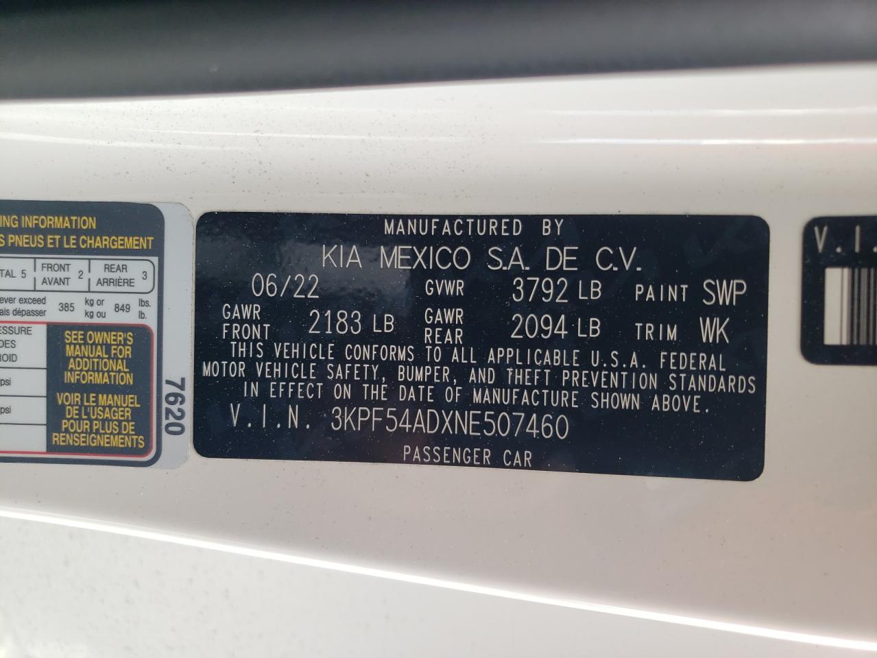 2022 KIA FORTE GT LINE VIN:3KPF54ADXNE507460
