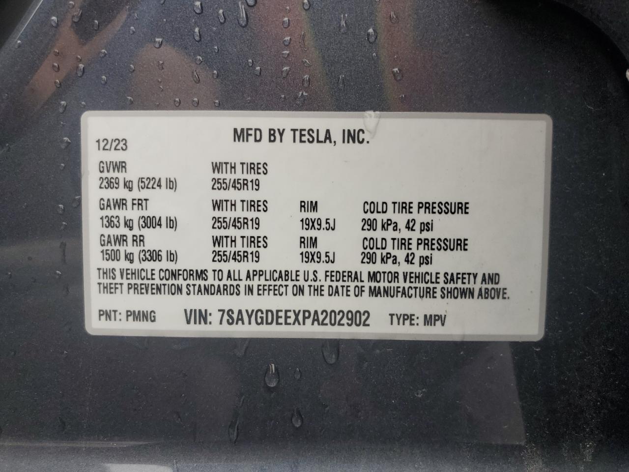2023 TESLA MODEL Y VIN:7SAYGDEEXPA202902