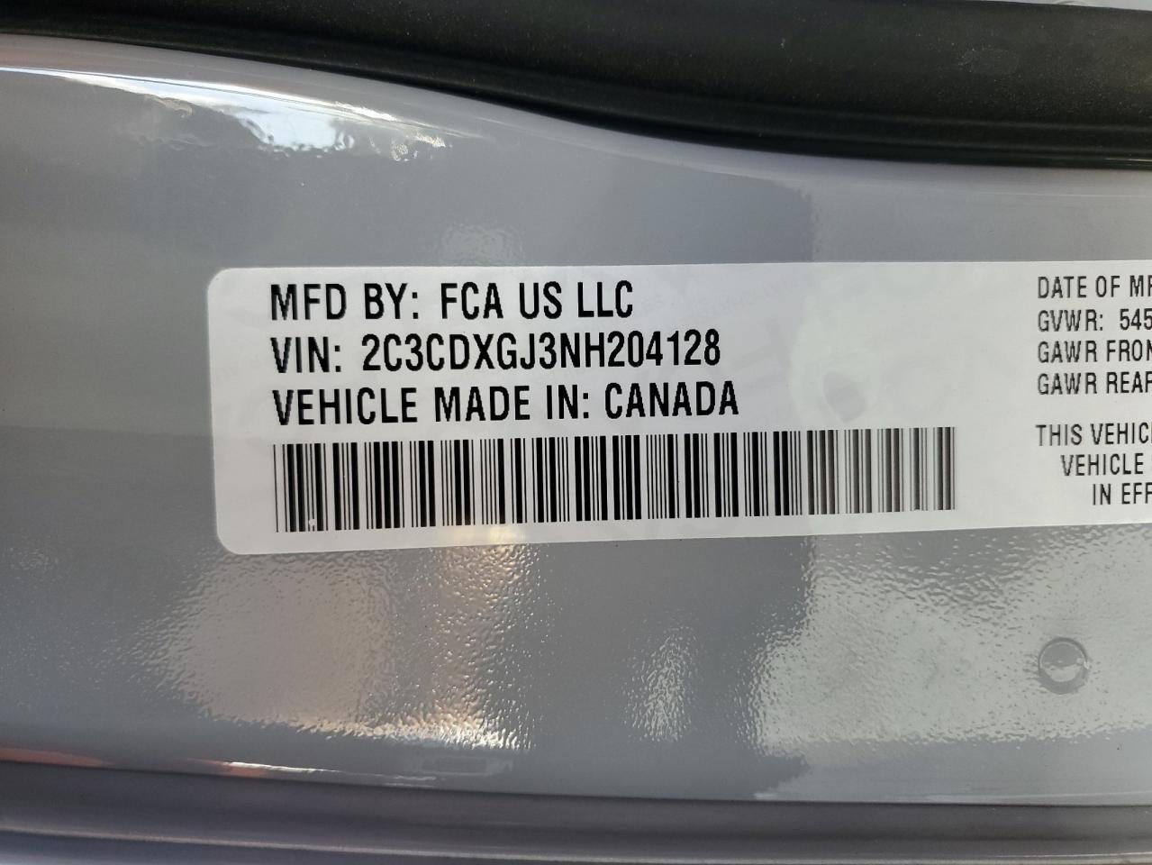 2022 DODGE CHARGER SCAT PACK VIN:2C3CDXGJ3NH204128