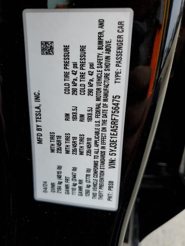 2024 TESLA MODEL 3 VIN:5YJ3E1EA5RF756475