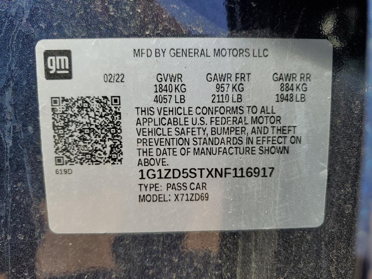 2022 CHEVROLET MALIBU LT VIN:1G1ZD5STXNF116917